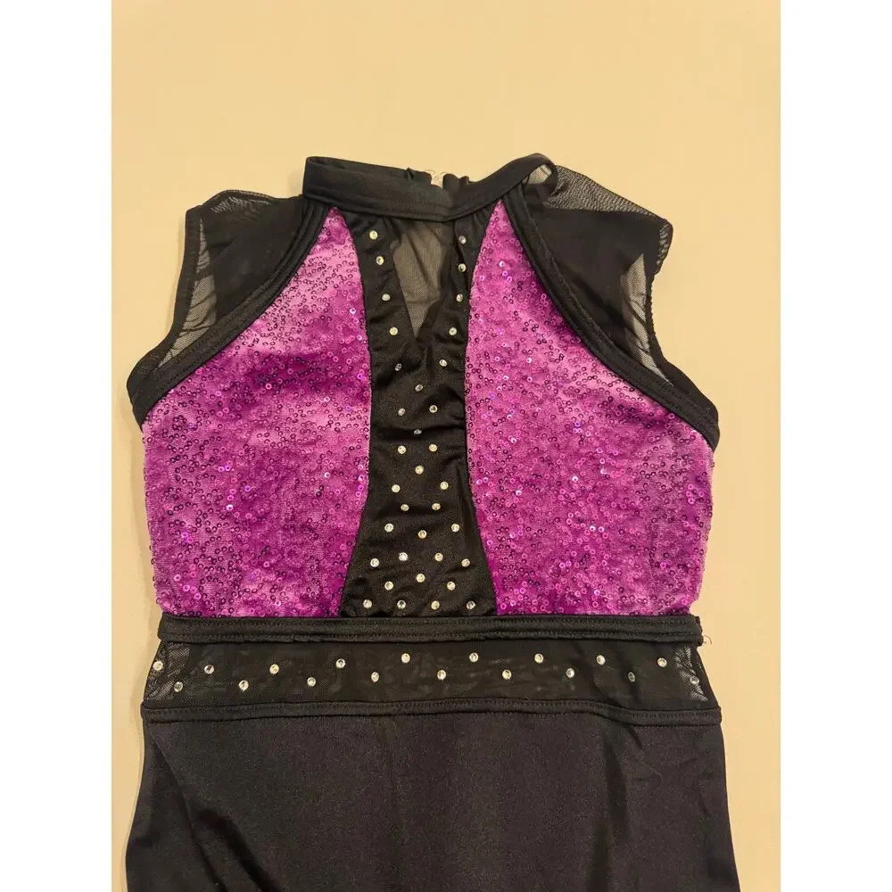 Weissman Purple and Black Mesh Unitard Size MC Medium Child Lined Stones